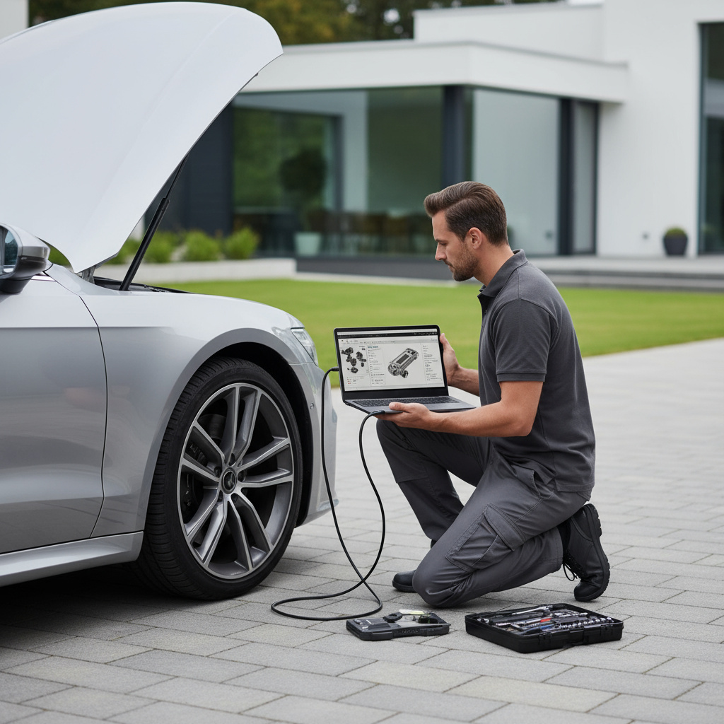 Mobiler Techniker bei der OBD-II Diagnose am Fahrzeug